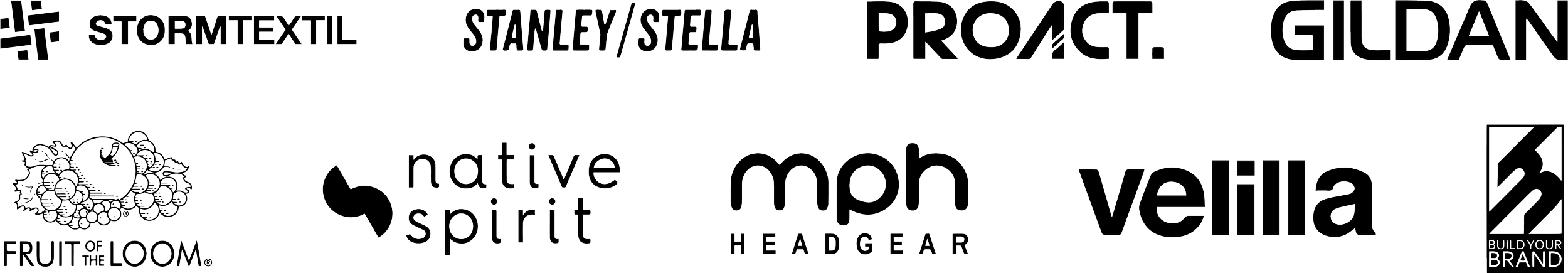 Stormtextil · Stanley/Stella · Proact · Gildan · Fruit of the Loom · Native Spirit · MPH Headgear · Velilla · Build Your Brand